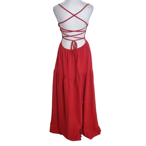 Red Lace-Up Back Tiered Maxi Dress Size Medium Red Maxi Dress - Picture 2 of 8